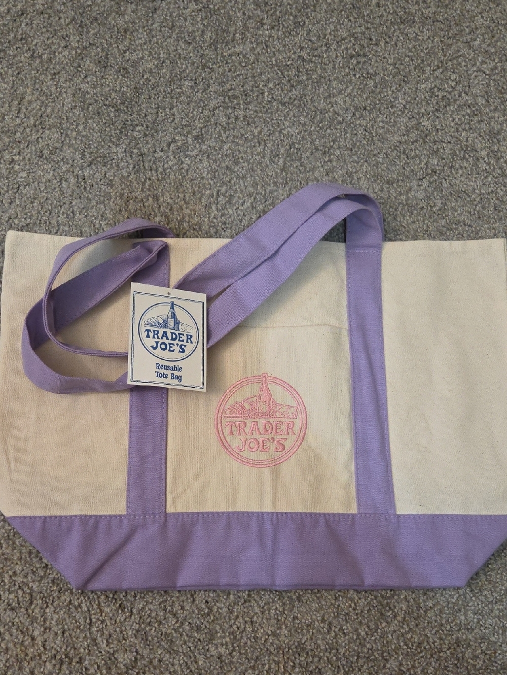 Large Trader Joe's Lavender and Cream Canvas Tote Bag NWT